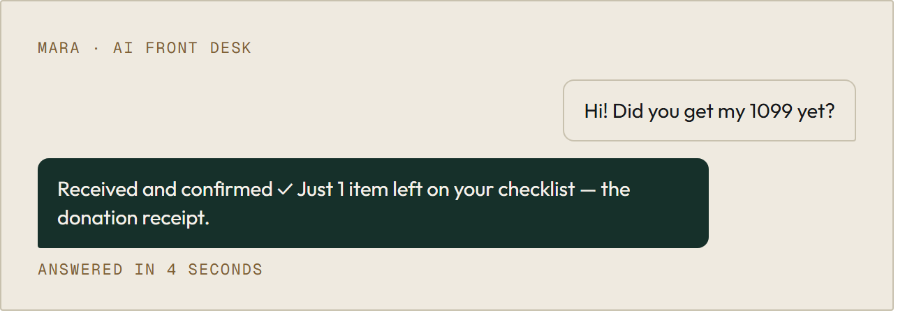 Mara answering a client's status question instantly, referencing their real checklist