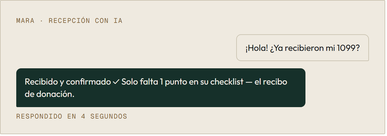 Mara respondiendo al instante la pregunta de estatus de un cliente, con base en su checklist real