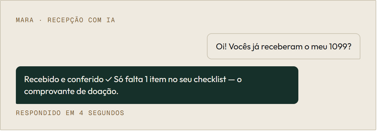 Mara respondendo na hora a pergunta de status de um cliente, com base no checklist real dele