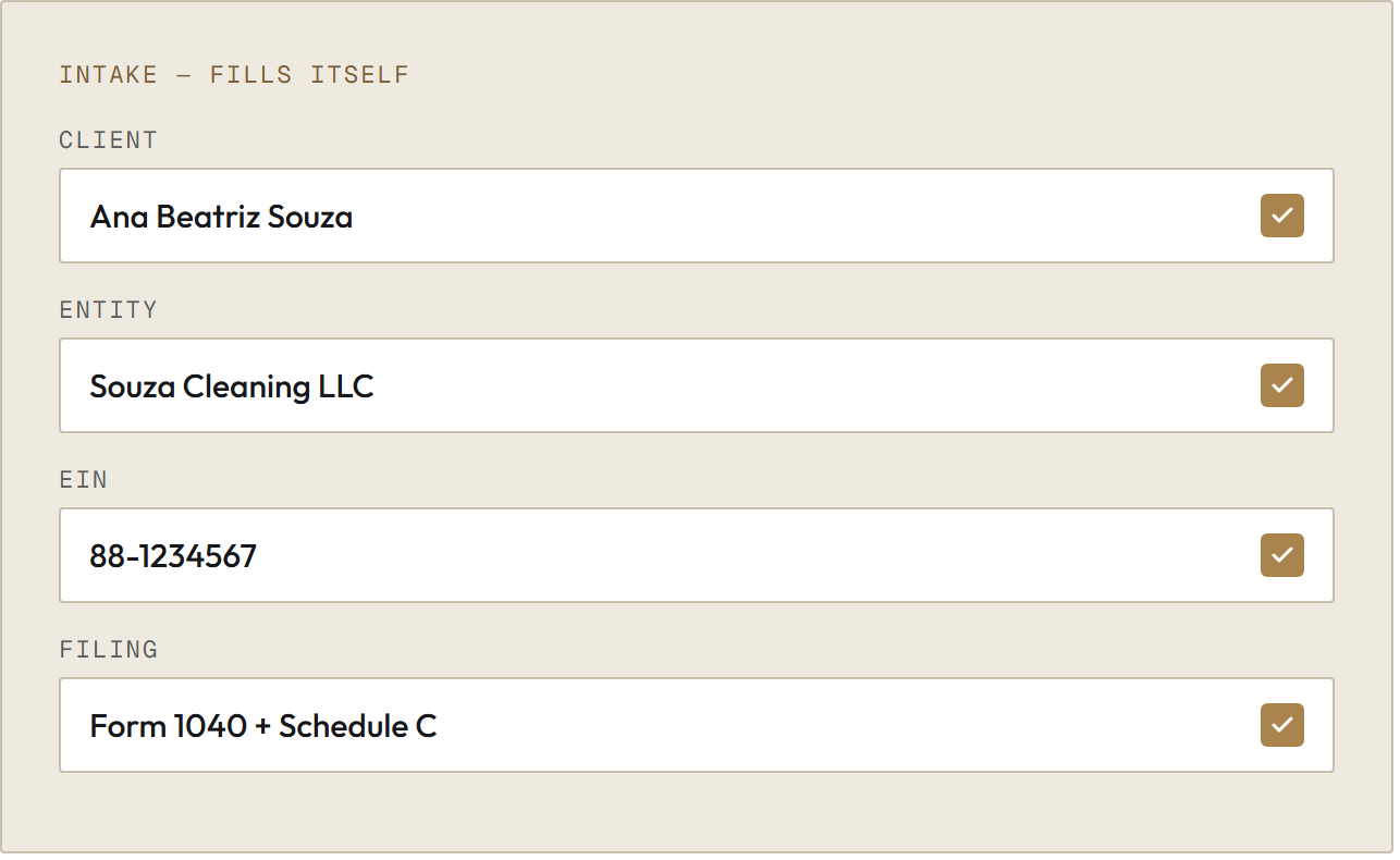 A new client's intake fields, already filled in and confirmed