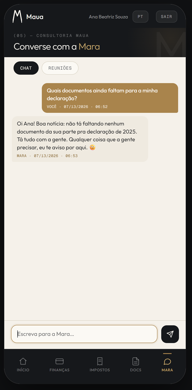 The AI front desk answering a client in Portuguese, grounded in her real checklist