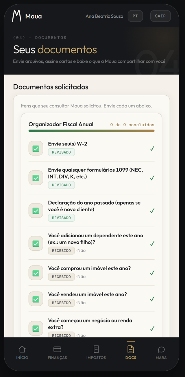 The client portal organizer at 9 of 9 items complete